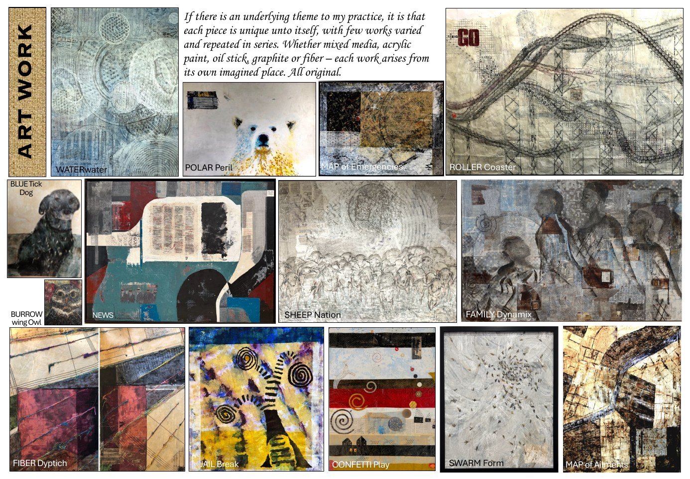 Art Work gallery grid of paintings and mixed media pieces