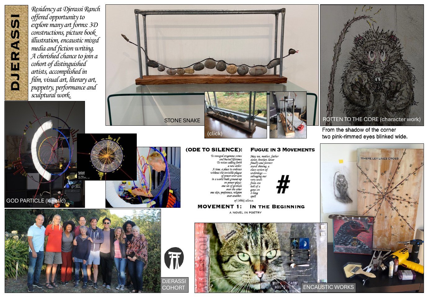 Djerassi residency work — stone snake kinetic sculpture, god particle, encaustic works